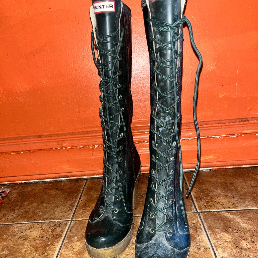 Hunter Women's Black Lace-Up Rain Boots